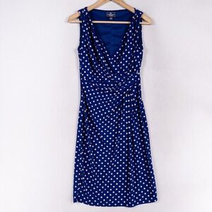 American Living Dress Sz 4 Royal Blue Polka Dot Stretch Knit Pleated Sleeveless